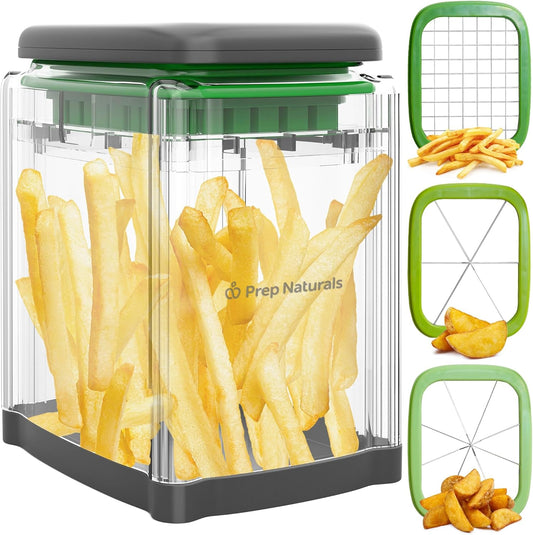 Medium Stainless Steel French Fry Cutter | Manual French Fry & Potato Cutter - Stainless Steel Blades, Chop Box & Safety Glove Included (3-in-1)