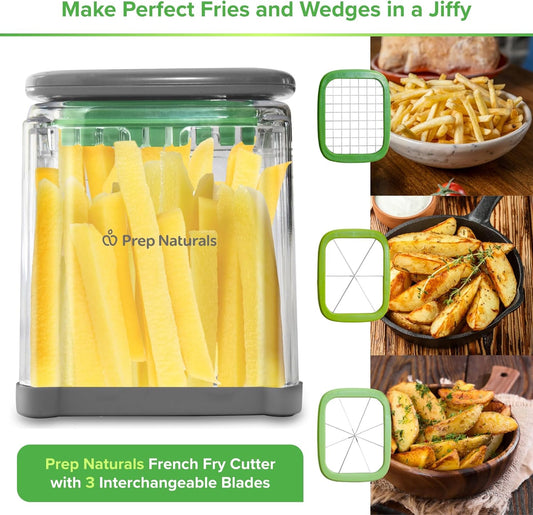 Medium Stainless Steel French Fry Cutter | Manual French Fry & Potato Cutter - Stainless Steel Blades, Chop Box & Safety Glove Included (3-in-1)
