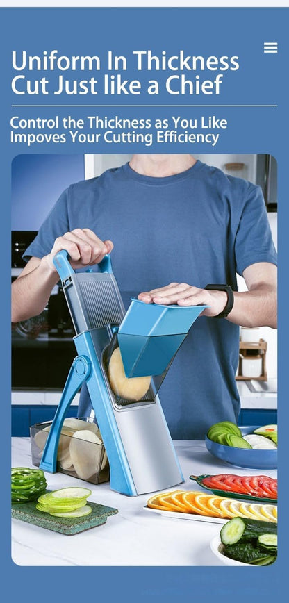 New Upgrade Safe Mandoline Slicer Plus, Biger Size, Adjustable Vegetable Food Chopper Potato Fries Cutter, Detachable Blade, Kitchen Chopping Artifact with Container. Blue