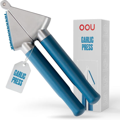 Garlic Press, Stainless Steel Garlic Mincer with Premium Zinc Alloy Construction, Easy-Squeeze Ergonomic TPE Non-Slip Grip Handles, Reverse Cleaning Bumps and Dishwasher Safe Design, Blue