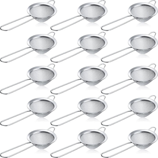 15 Packs Fine Mesh Small Strainer 3.3" Cocktail Strainer Stainless Steel Tea Strainers Mini Sieve Sifter for Juice, Tea Herbs, Coffee Drinks, Long Handle(Silver)