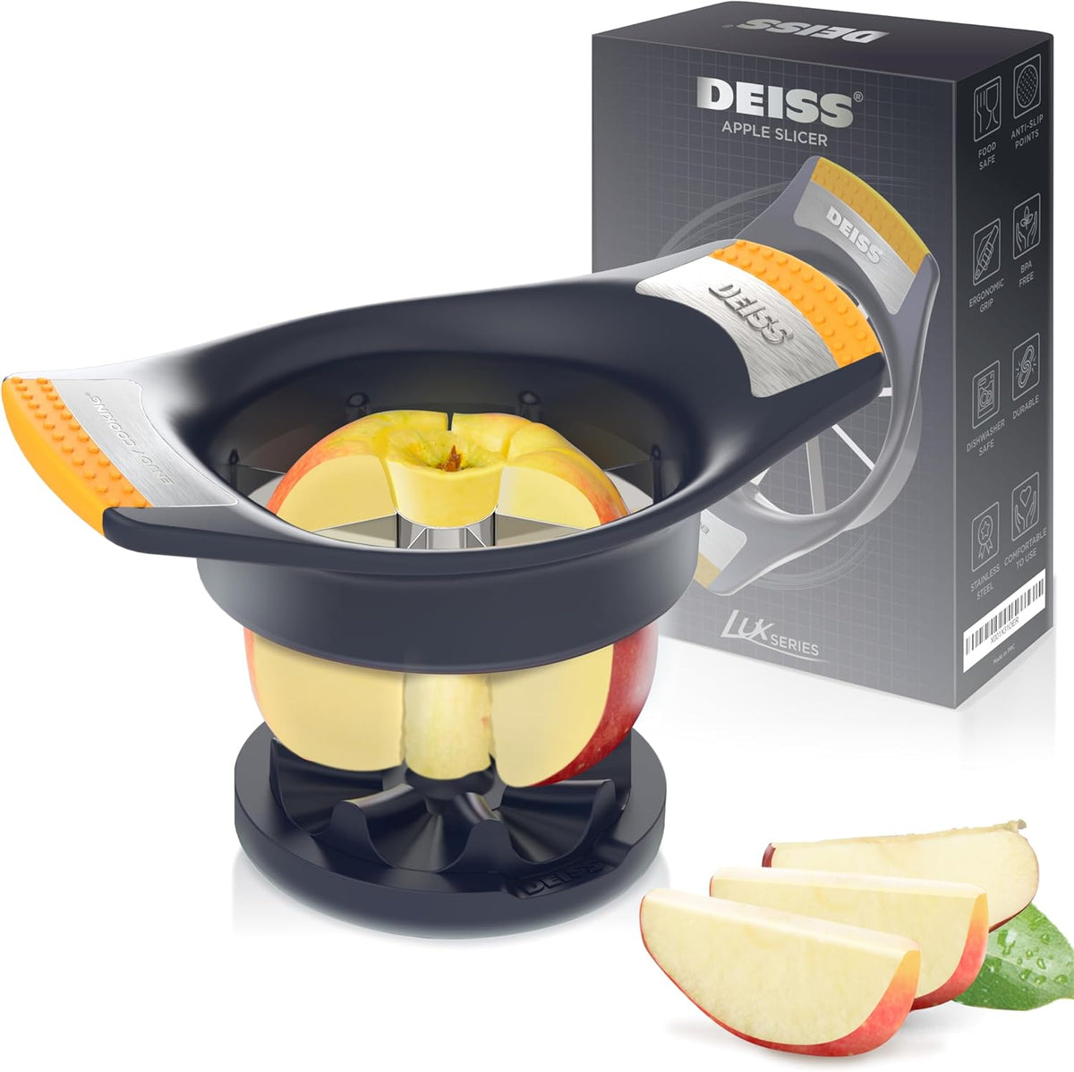 Deiss LUX 4.25 Inch Apple Slicer and Corer with Cutting Base, Stainless Steel 8-Slice Apple Cutter, Dishwasher Safe Apple Cutter Slicer, Large Apple Slicer - Perfect for Apple Slices & Sliced Apples