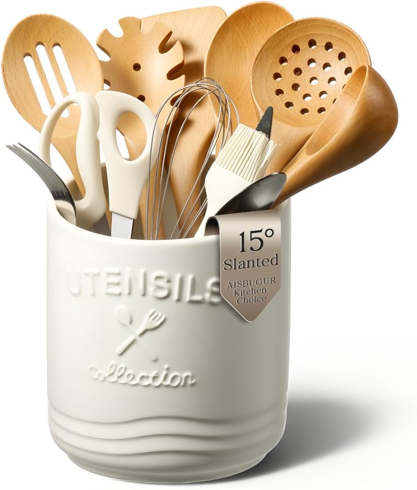 Large Ceramic Utensil Holder: 7.5" H×6.3" W with Slanted Mouth - Utensil Crock with Non-Slip Cork Base for Kitchen Counter, Ideal for Decor & Gift,white utensil holder