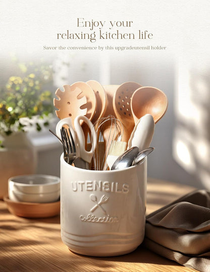 Large Ceramic Utensil Holder: 7.5" H×6.3" W with Slanted Mouth - Utensil Crock with Non-Slip Cork Base for Kitchen Counter, Ideal for Decor & Gift,white utensil holder