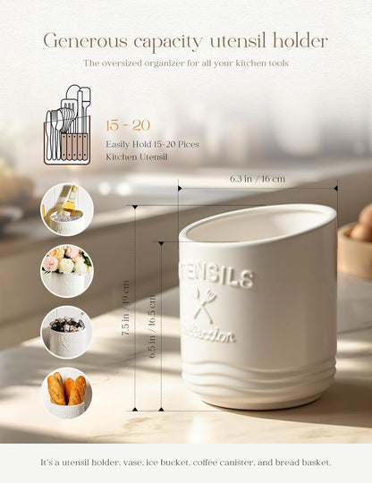 Large Ceramic Utensil Holder: 7.5" H×6.3" W with Slanted Mouth - Utensil Crock with Non-Slip Cork Base for Kitchen Counter, Ideal for Decor & Gift,white utensil holder