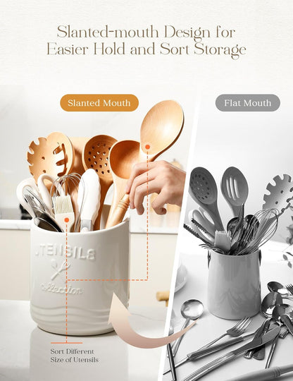 Large Ceramic Utensil Holder: 7.5" H×6.3" W with Slanted Mouth - Utensil Crock with Non-Slip Cork Base for Kitchen Counter, Ideal for Decor & Gift,white utensil holder