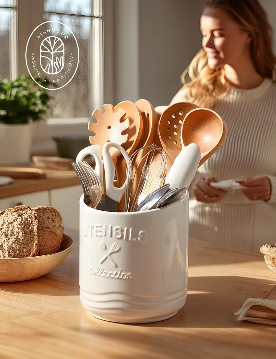 Large Ceramic Utensil Holder: 7.5" H×6.3" W with Slanted Mouth - Utensil Crock with Non-Slip Cork Base for Kitchen Counter, Ideal for Decor & Gift,white utensil holder