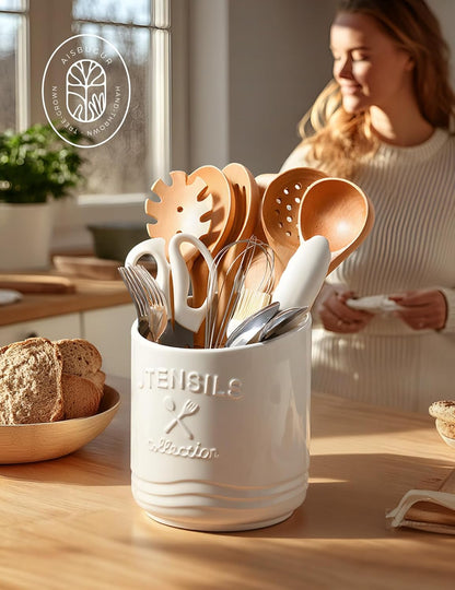 Large Ceramic Utensil Holder: 7.5" H×6.3" W with Slanted Mouth - Utensil Crock with Non-Slip Cork Base for Kitchen Counter, Ideal for Decor & Gift,white utensil holder