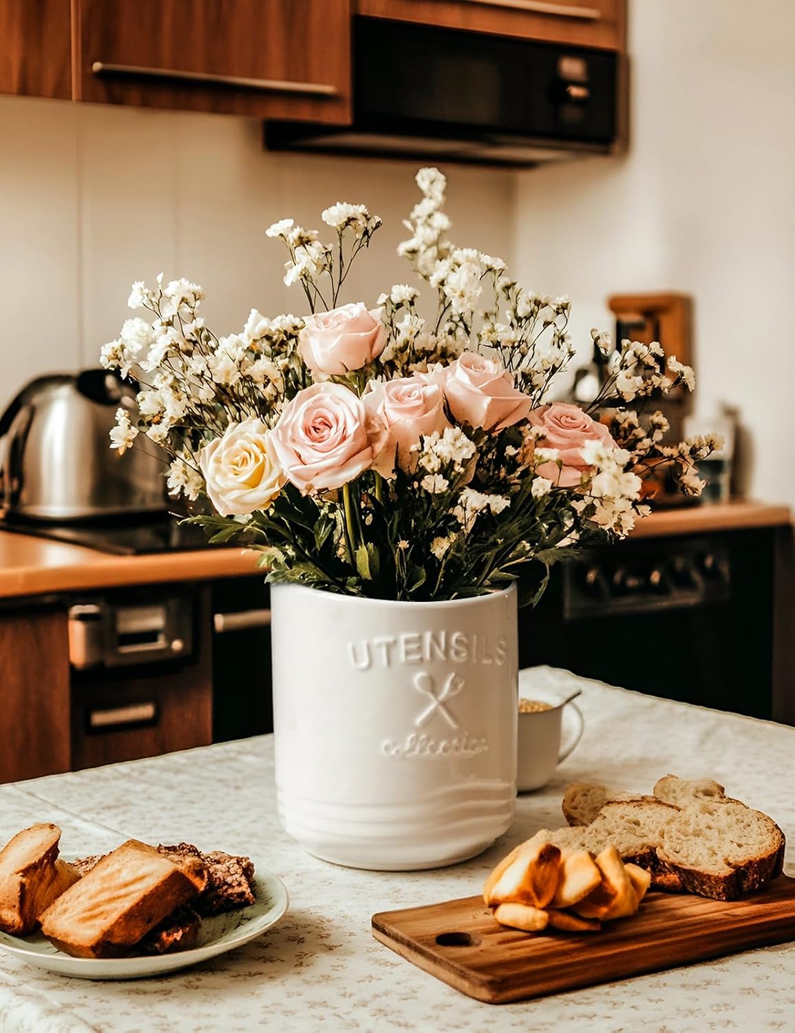 Large Ceramic Utensil Holder: 7.5" H×6.3" W with Slanted Mouth - Utensil Crock with Non-Slip Cork Base for Kitchen Counter, Ideal for Decor & Gift,white utensil holder