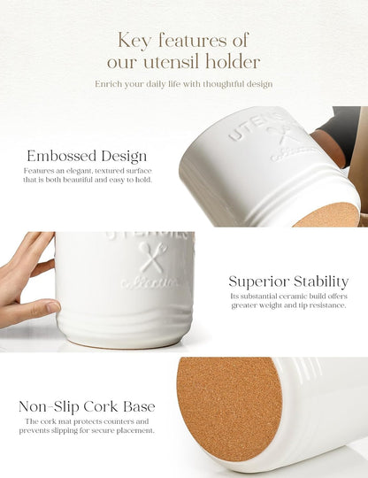 Large Ceramic Utensil Holder: 7.5" H×6.3" W with Slanted Mouth - Utensil Crock with Non-Slip Cork Base for Kitchen Counter, Ideal for Decor & Gift,white utensil holder