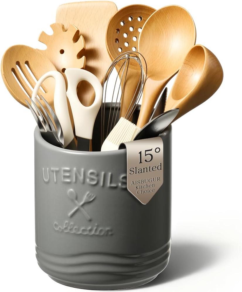 Large Ceramic Utensil Holder: 7.5" H×6.3" W with Slanted Mouth - Utensil Crock with Non-Slip Cork Base for Kitchen Counter, Ideal for Decor & Gift,white utensil holder