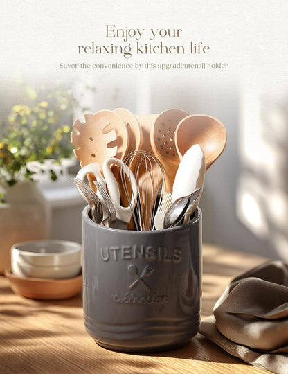 Large Ceramic Utensil Holder: 7.5" H×6.3" W with Slanted Mouth - Utensil Crock with Non-Slip Cork Base for Kitchen Counter, Ideal for Decor & Gift,white utensil holder