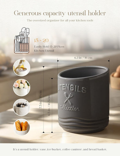Large Ceramic Utensil Holder: 7.5" H×6.3" W with Slanted Mouth - Utensil Crock with Non-Slip Cork Base for Kitchen Counter, Ideal for Decor & Gift,white utensil holder