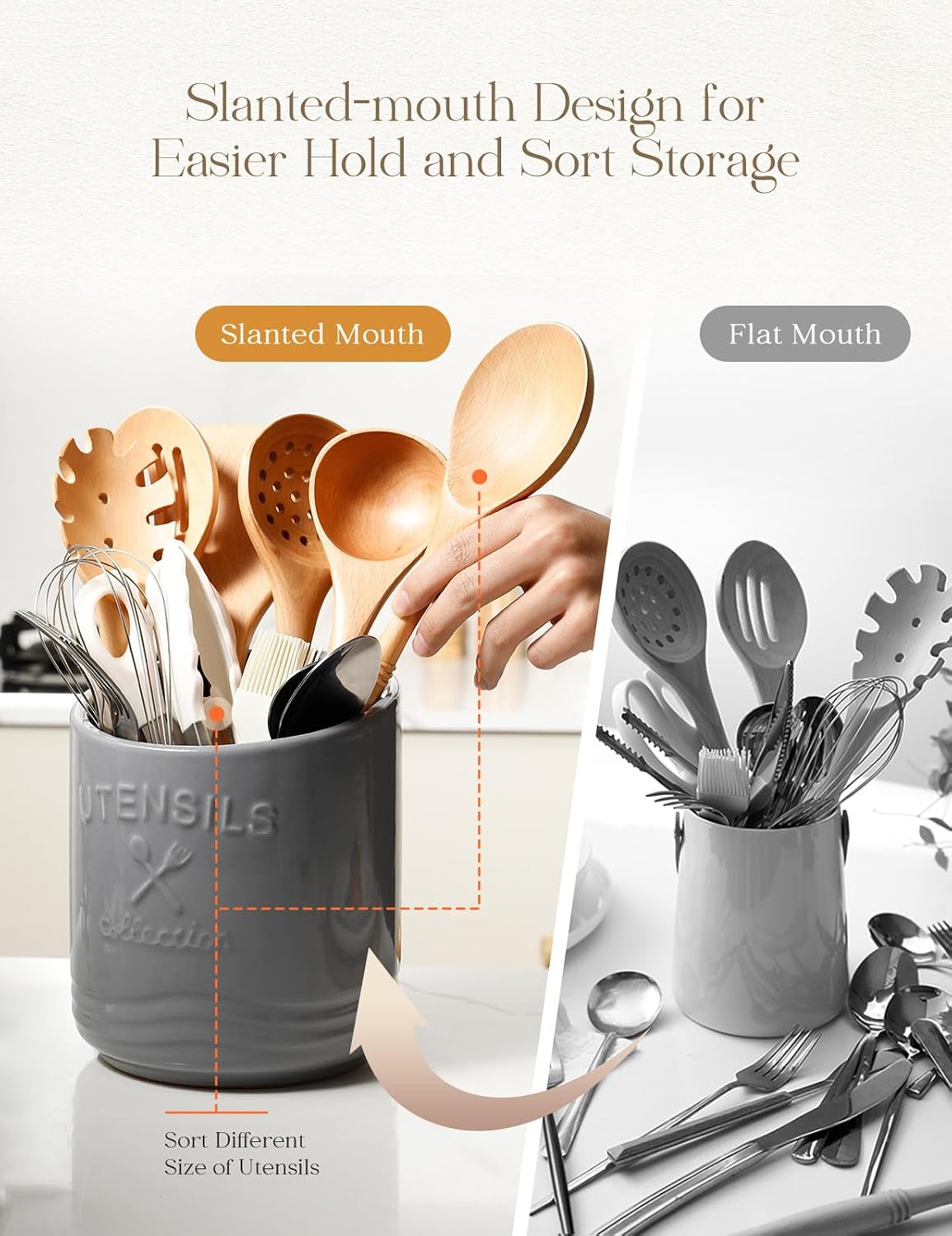 Large Ceramic Utensil Holder: 7.5" H×6.3" W with Slanted Mouth - Utensil Crock with Non-Slip Cork Base for Kitchen Counter, Ideal for Decor & Gift,white utensil holder