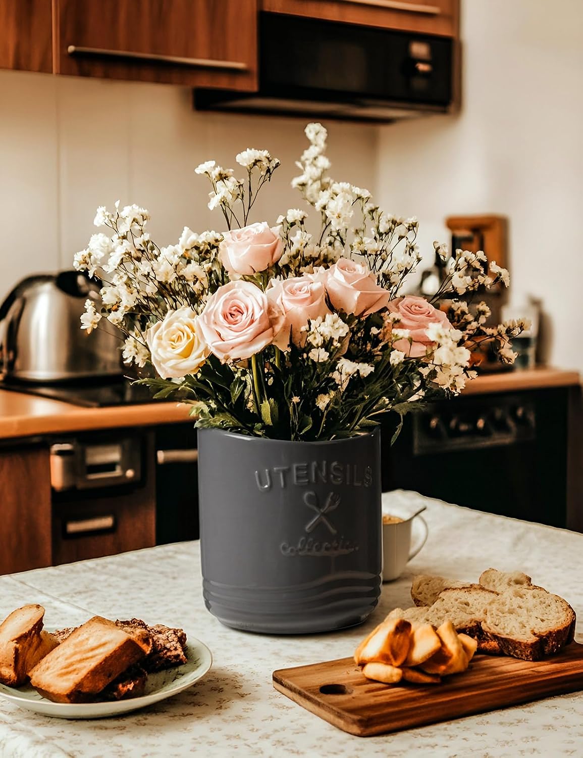 Large Ceramic Utensil Holder: 7.5" H×6.3" W with Slanted Mouth - Utensil Crock with Non-Slip Cork Base for Kitchen Counter, Ideal for Decor & Gift,white utensil holder