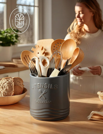 Large Ceramic Utensil Holder: 7.5" H×6.3" W with Slanted Mouth - Utensil Crock with Non-Slip Cork Base for Kitchen Counter, Ideal for Decor & Gift,white utensil holder