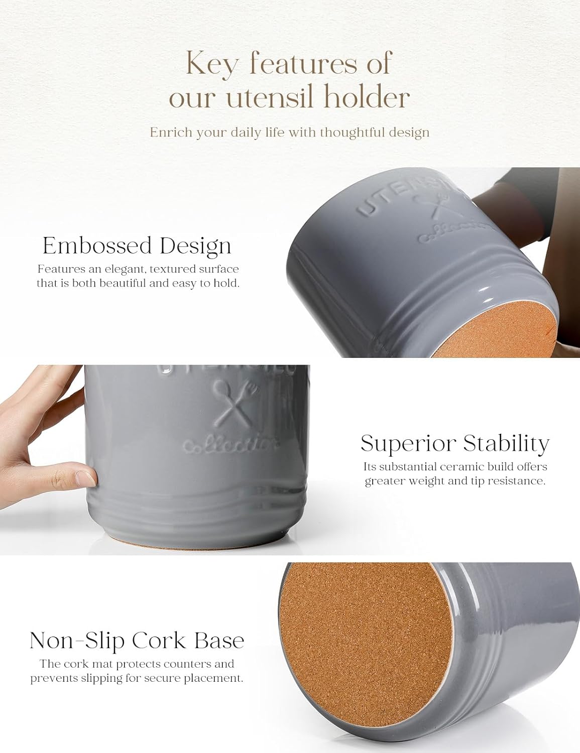 Large Ceramic Utensil Holder: 7.5" H×6.3" W with Slanted Mouth - Utensil Crock with Non-Slip Cork Base for Kitchen Counter, Ideal for Decor & Gift,white utensil holder