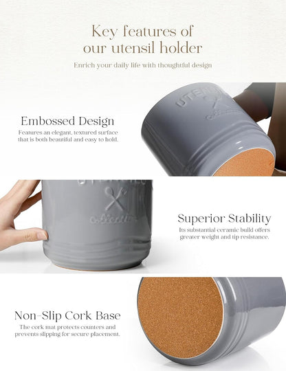 Large Ceramic Utensil Holder: 7.5" H×6.3" W with Slanted Mouth - Utensil Crock with Non-Slip Cork Base for Kitchen Counter, Ideal for Decor & Gift,white utensil holder