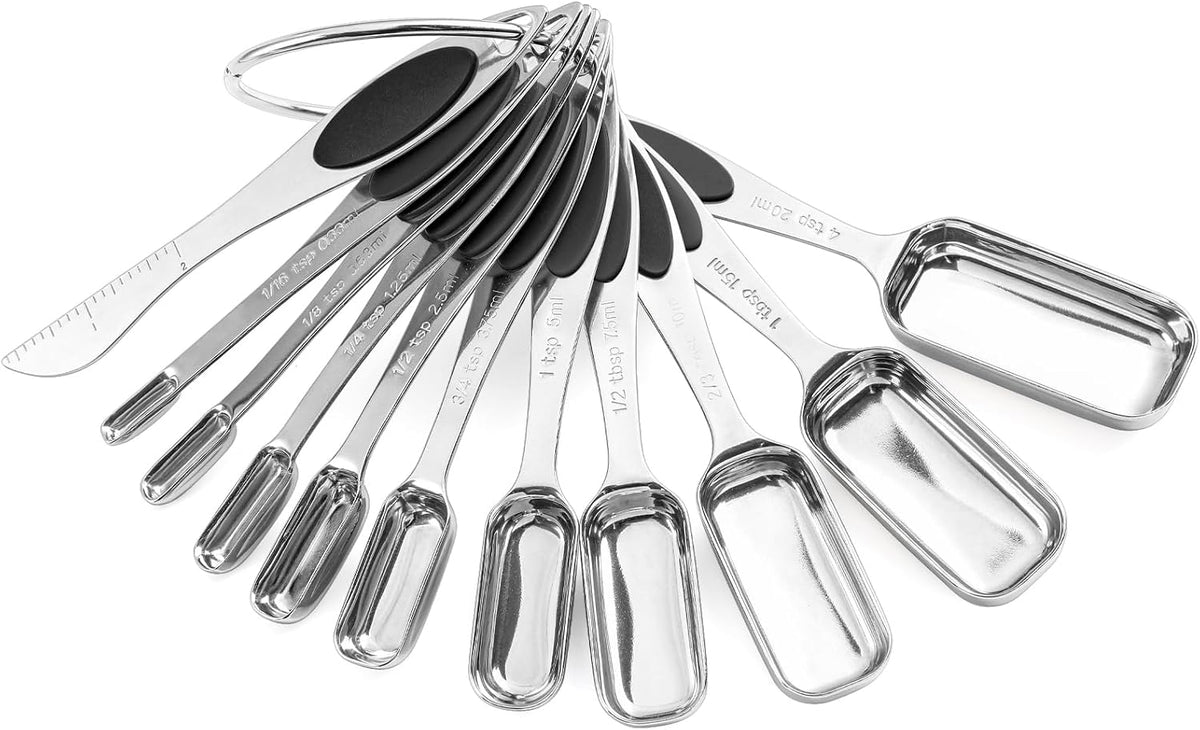 Magnetic Measuring Spoons Set of 11 with Leveler, Measuring Spoons Stainless Steel Rectangular Metal Teaspoon for Dry & Liquid Ingredients (Black)