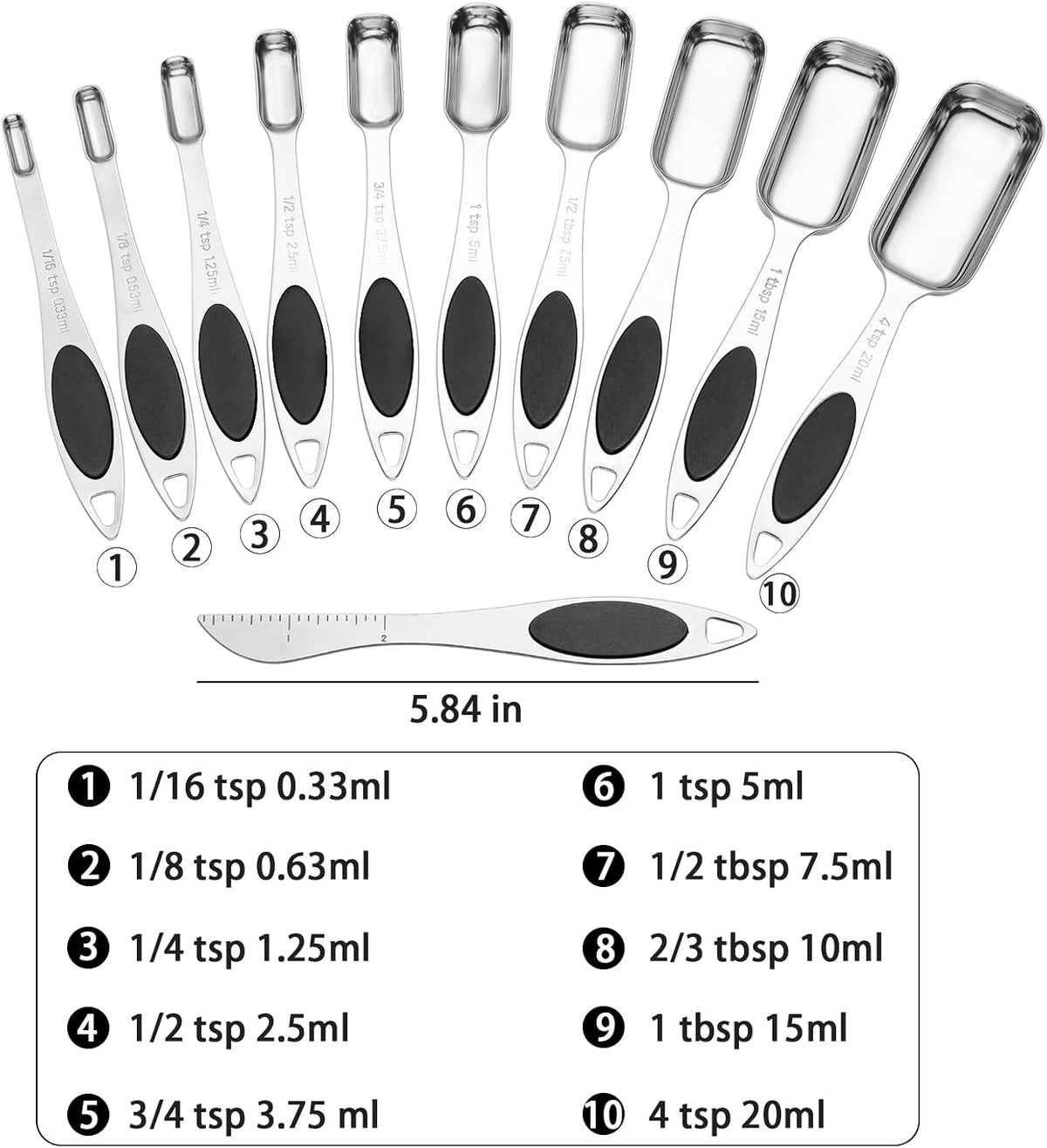 Magnetic Measuring Spoons Set of 11 with Leveler, Measuring Spoons Stainless Steel Rectangular Metal Teaspoon for Dry & Liquid Ingredients (Black)