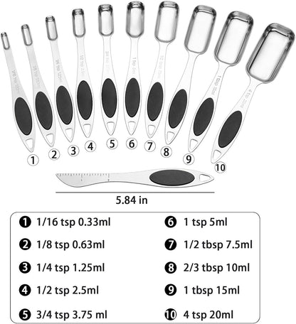 Magnetic Measuring Spoons Set of 11 with Leveler, Measuring Spoons Stainless Steel Rectangular Metal Teaspoon for Dry & Liquid Ingredients (Black)