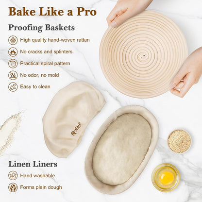 Sourdough Starter Kit with Banneton Bread Proofing Basket Set, 9" Round & 10" Oval Proofing Basket, Sourdough Bread Baking Supplies with Starter Jar, Bread Lame, Dough Whisk and Baking Tools