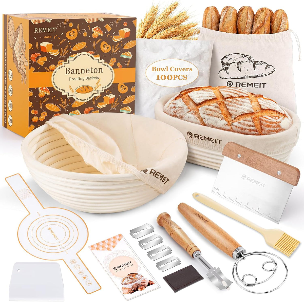 Sourdough Starter Kit with Banneton Bread Proofing Basket Set, 9" Round & 10" Oval Proofing Basket, Sourdough Bread Baking Supplies with Starter Jar, Bread Lame, Dough Whisk and Baking Tools