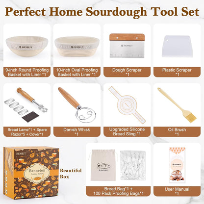 Sourdough Starter Kit with Banneton Bread Proofing Basket Set, 9" Round & 10" Oval Proofing Basket, Sourdough Bread Baking Supplies with Starter Jar, Bread Lame, Dough Whisk and Baking Tools