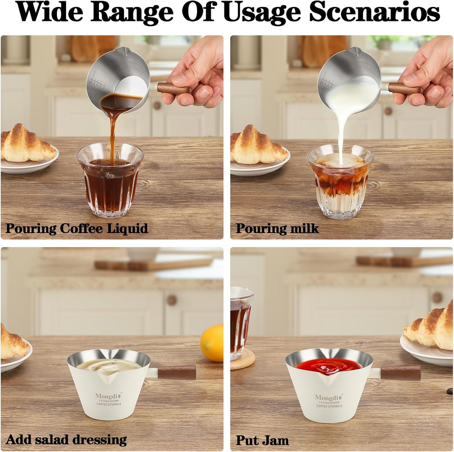 Espresso Measuring Cup, Stainless Steel Espresso Shot Cups with Wooden Handle and Double Spouts, 6.8OZ/200ML, White
