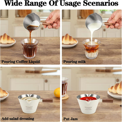 Espresso Measuring Cup, Stainless Steel Espresso Shot Cups with Wooden Handle and Double Spouts, 6.8OZ/200ML, White