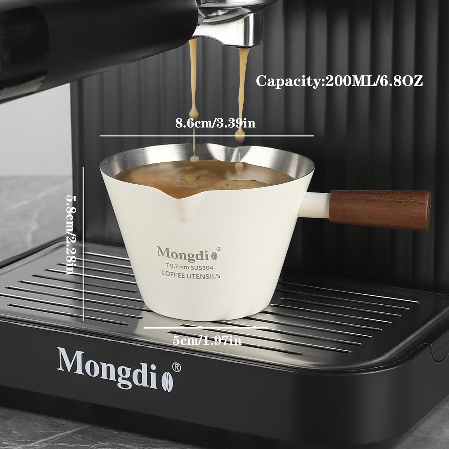 Espresso Measuring Cup, Stainless Steel Espresso Shot Cups with Wooden Handle and Double Spouts, 6.8OZ/200ML, White