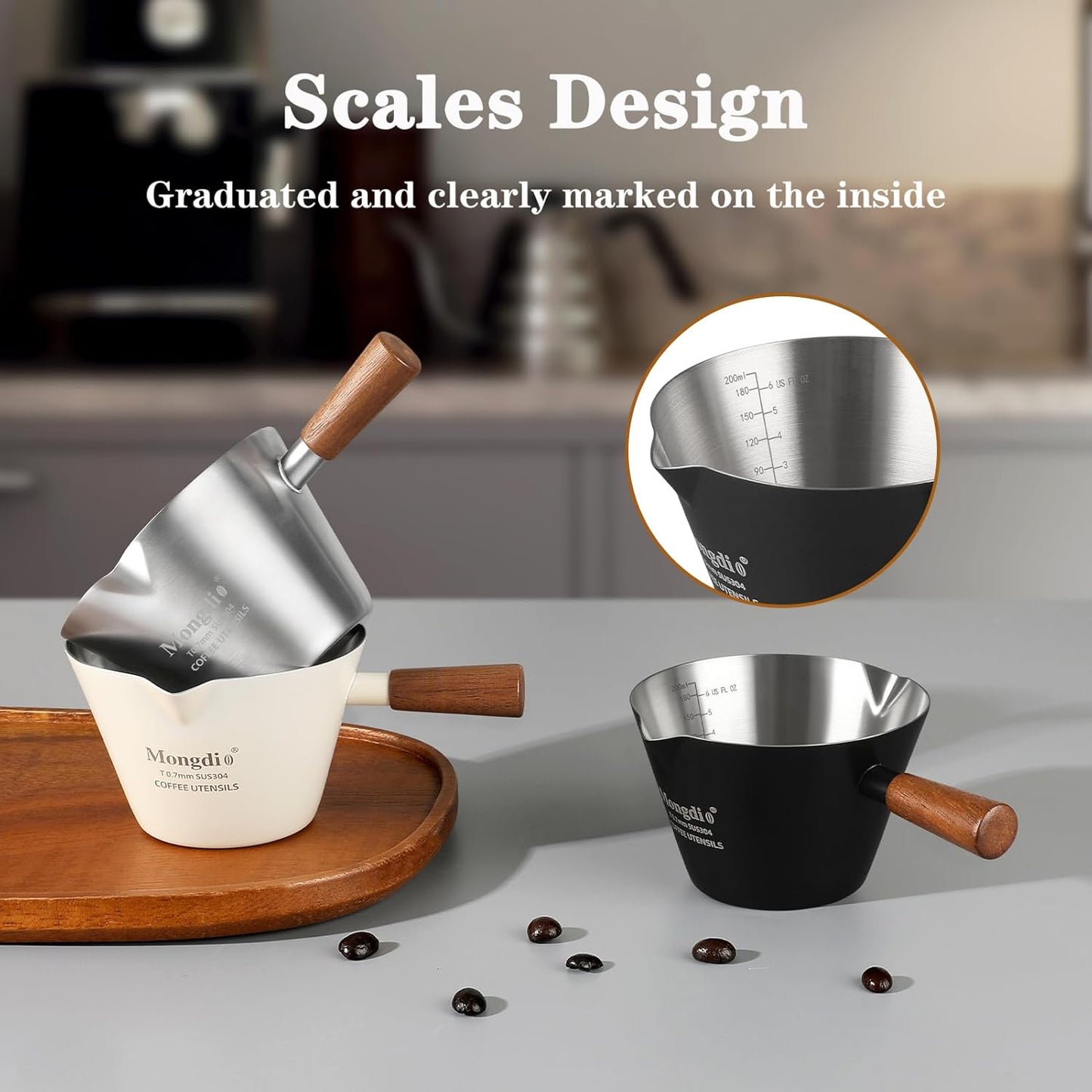 Espresso Measuring Cup, Stainless Steel Espresso Shot Cups with Wooden Handle and Double Spouts, 6.8OZ/200ML, White