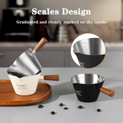 Espresso Measuring Cup, Stainless Steel Espresso Shot Cups with Wooden Handle and Double Spouts, 6.8OZ/200ML, White