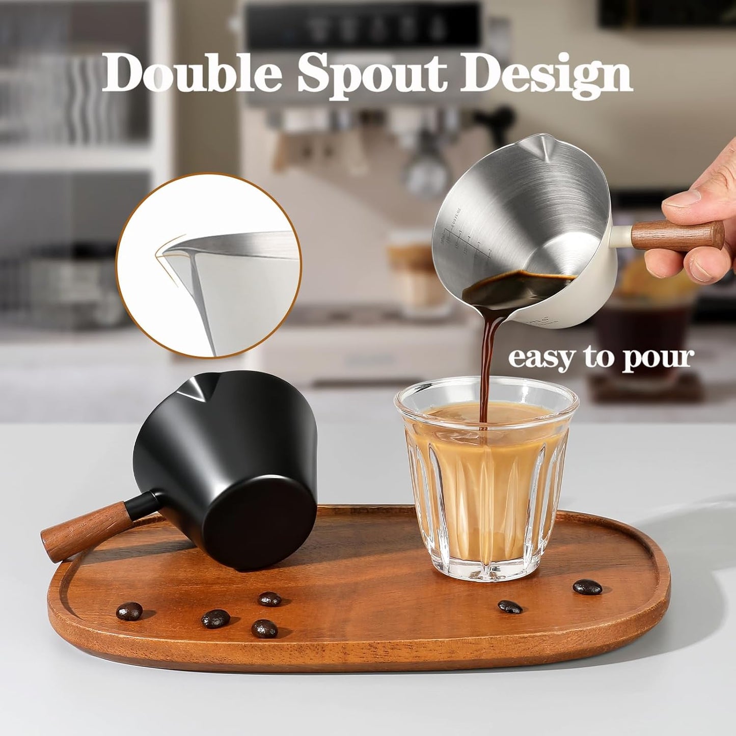Espresso Measuring Cup, Stainless Steel Espresso Shot Cups with Wooden Handle and Double Spouts, 6.8OZ/200ML, White
