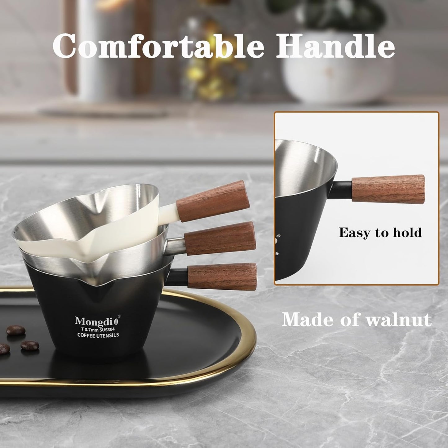 Espresso Measuring Cup, Stainless Steel Espresso Shot Cups with Wooden Handle and Double Spouts, 6.8OZ/200ML, White