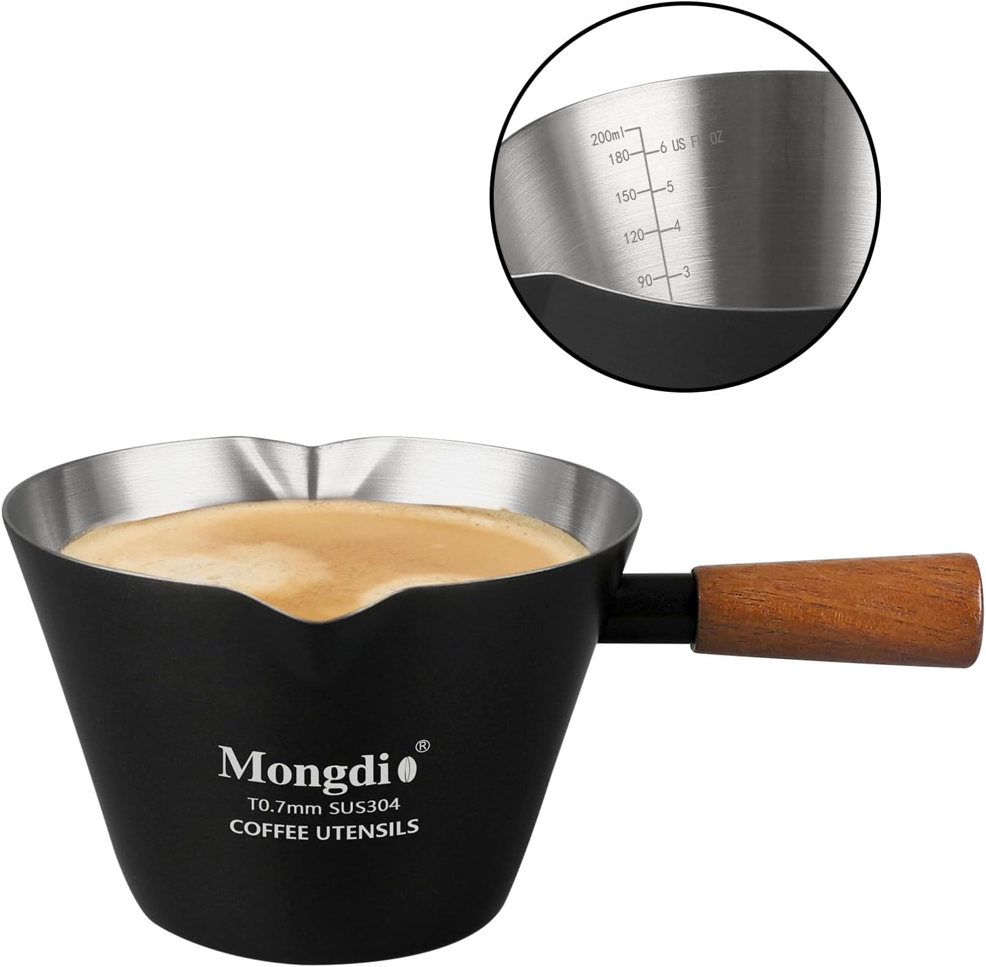 Espresso Measuring Cup, Stainless Steel Espresso Shot Cups with Wooden Handle and Double Spouts, 6.8OZ/200ML, White