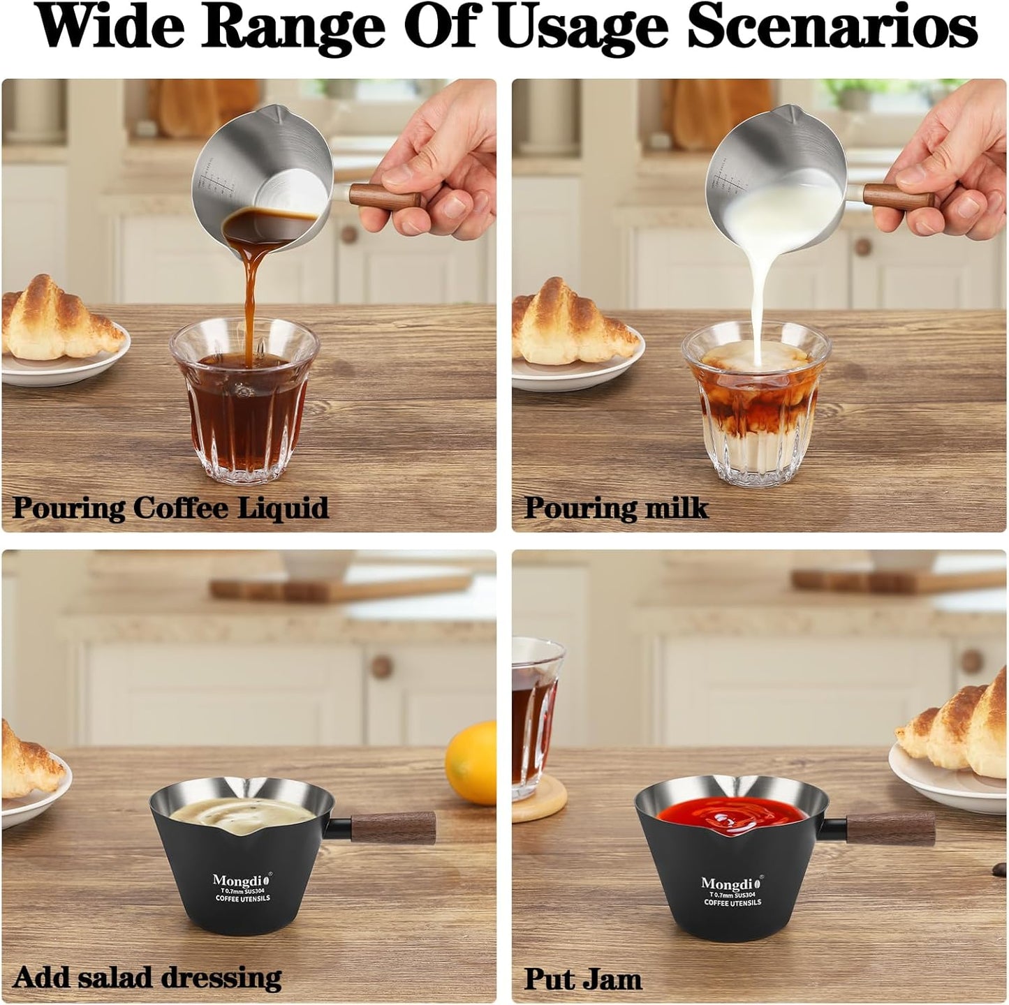 Espresso Measuring Cup, Stainless Steel Espresso Shot Cups with Wooden Handle and Double Spouts, 6.8OZ/200ML, White