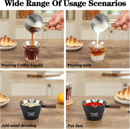 Espresso Measuring Cup, Stainless Steel Espresso Shot Cups with Wooden Handle and Double Spouts, 6.8OZ/200ML, White