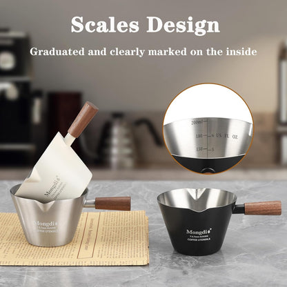 Espresso Measuring Cup, Stainless Steel Espresso Shot Cups with Wooden Handle and Double Spouts, 6.8OZ/200ML, White