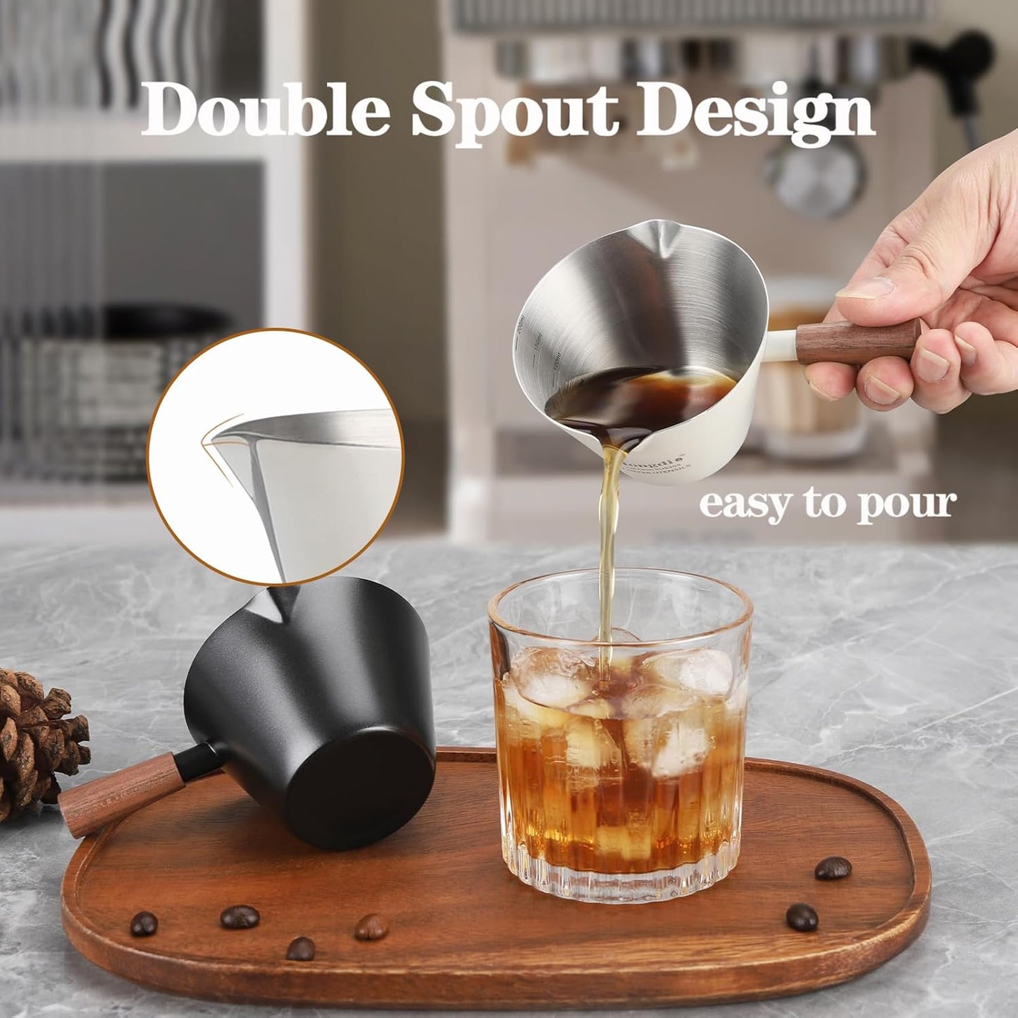 Espresso Measuring Cup, Stainless Steel Espresso Shot Cups with Wooden Handle and Double Spouts, 6.8OZ/200ML, White