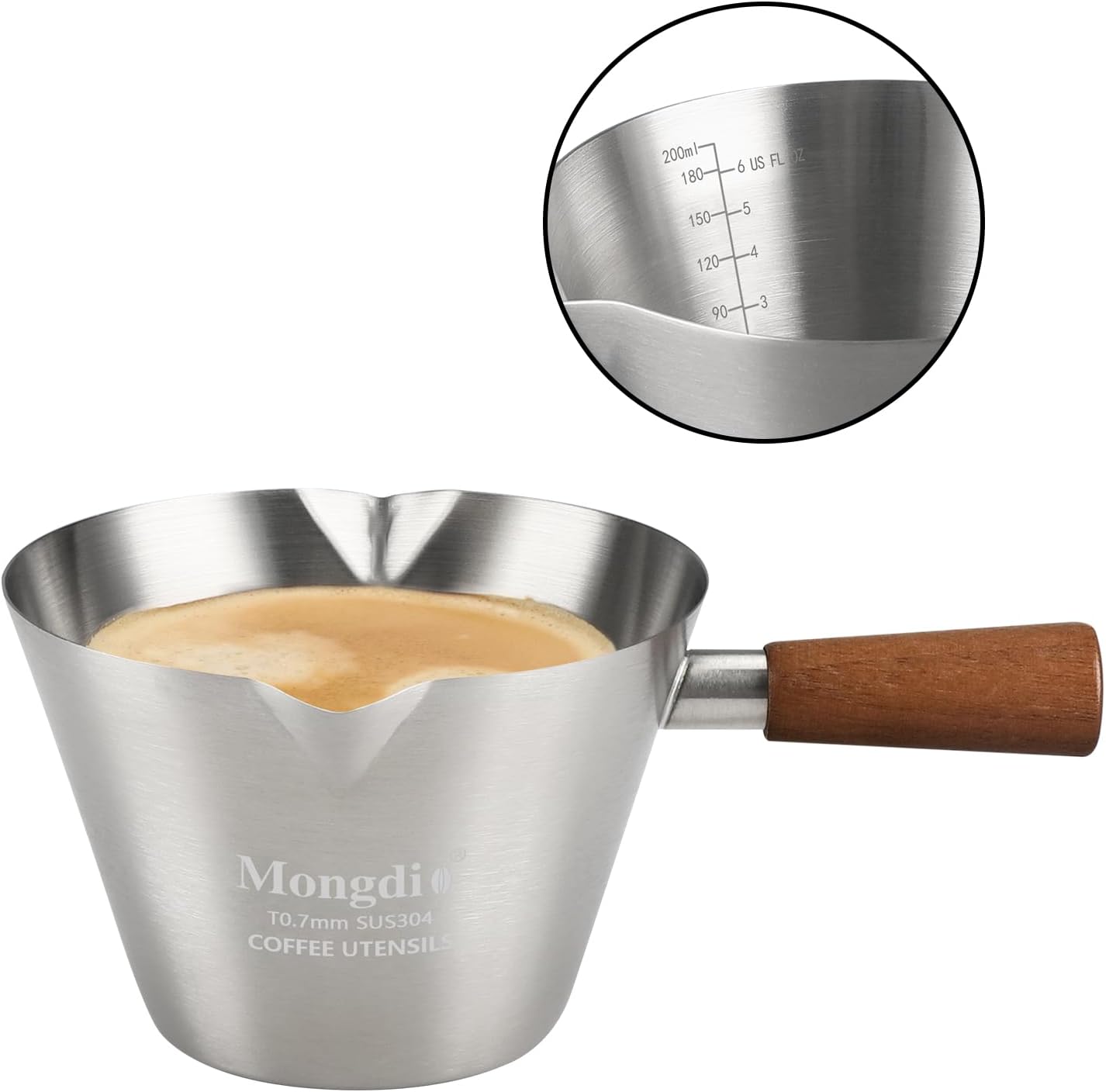 Espresso Measuring Cup, Stainless Steel Espresso Shot Cups with Wooden Handle and Double Spouts, 6.8OZ/200ML, White
