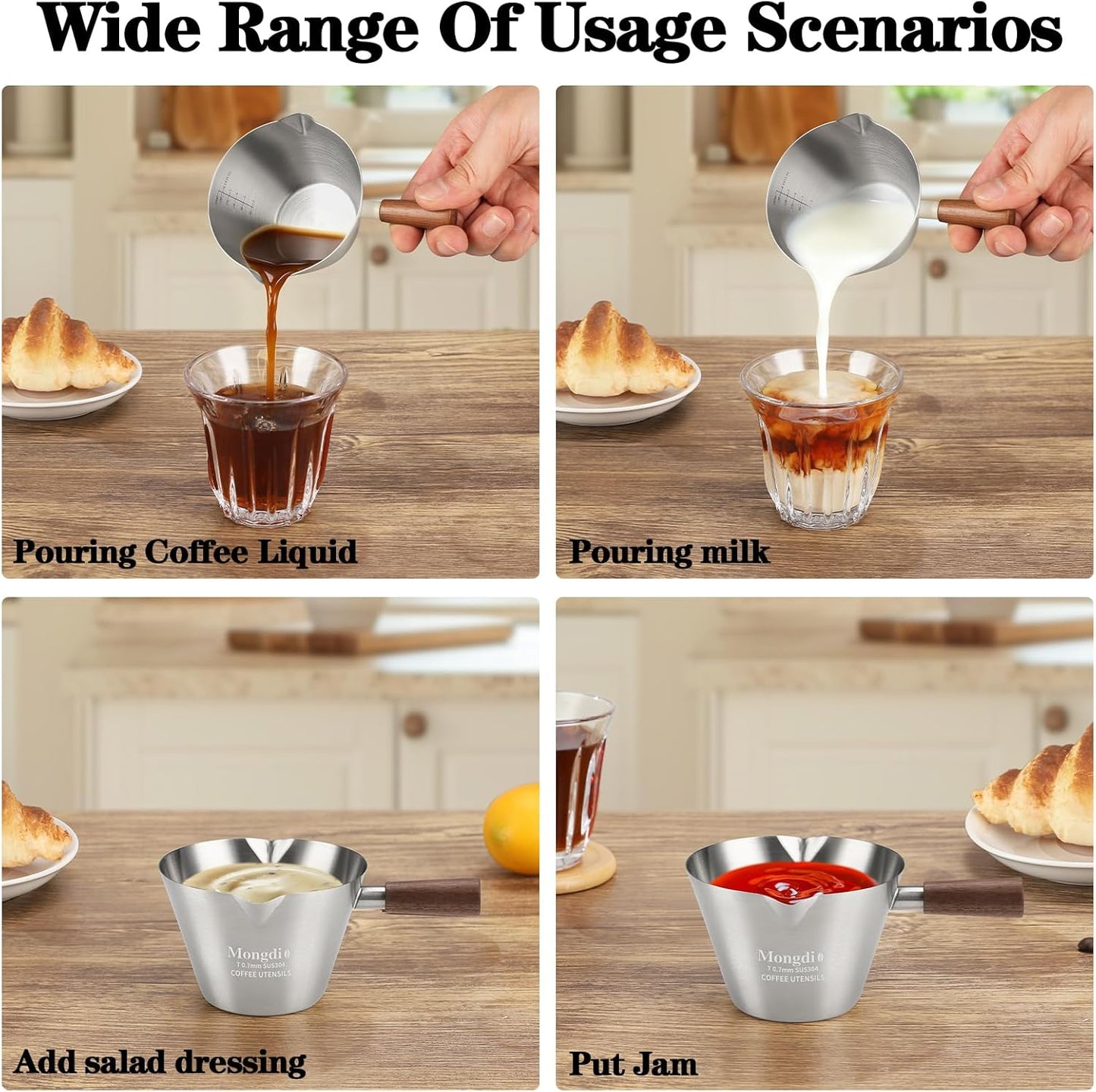 Espresso Measuring Cup, Stainless Steel Espresso Shot Cups with Wooden Handle and Double Spouts, 6.8OZ/200ML, White