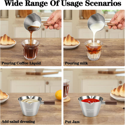 Espresso Measuring Cup, Stainless Steel Espresso Shot Cups with Wooden Handle and Double Spouts, 6.8OZ/200ML, White
