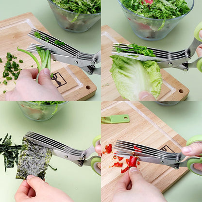 Gourmet Herb Scissors Set Multipurpose Cutting Shears with Stainless Steel 5 Blades, Herb Stripper, Safety Cover Cleaning Comb for Cutting Cilantro Onion Salad (Green)