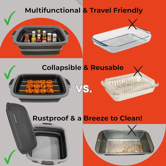 Collapsible X-Large (16L) BBQ Marinating Tub w/ Cutting Board | Multipurpose Food-Grade TPE Prep Tub w/ Lid | Built-In Colander & Drain Plug - For Camping | Tailgate | Picnic - Slate Black