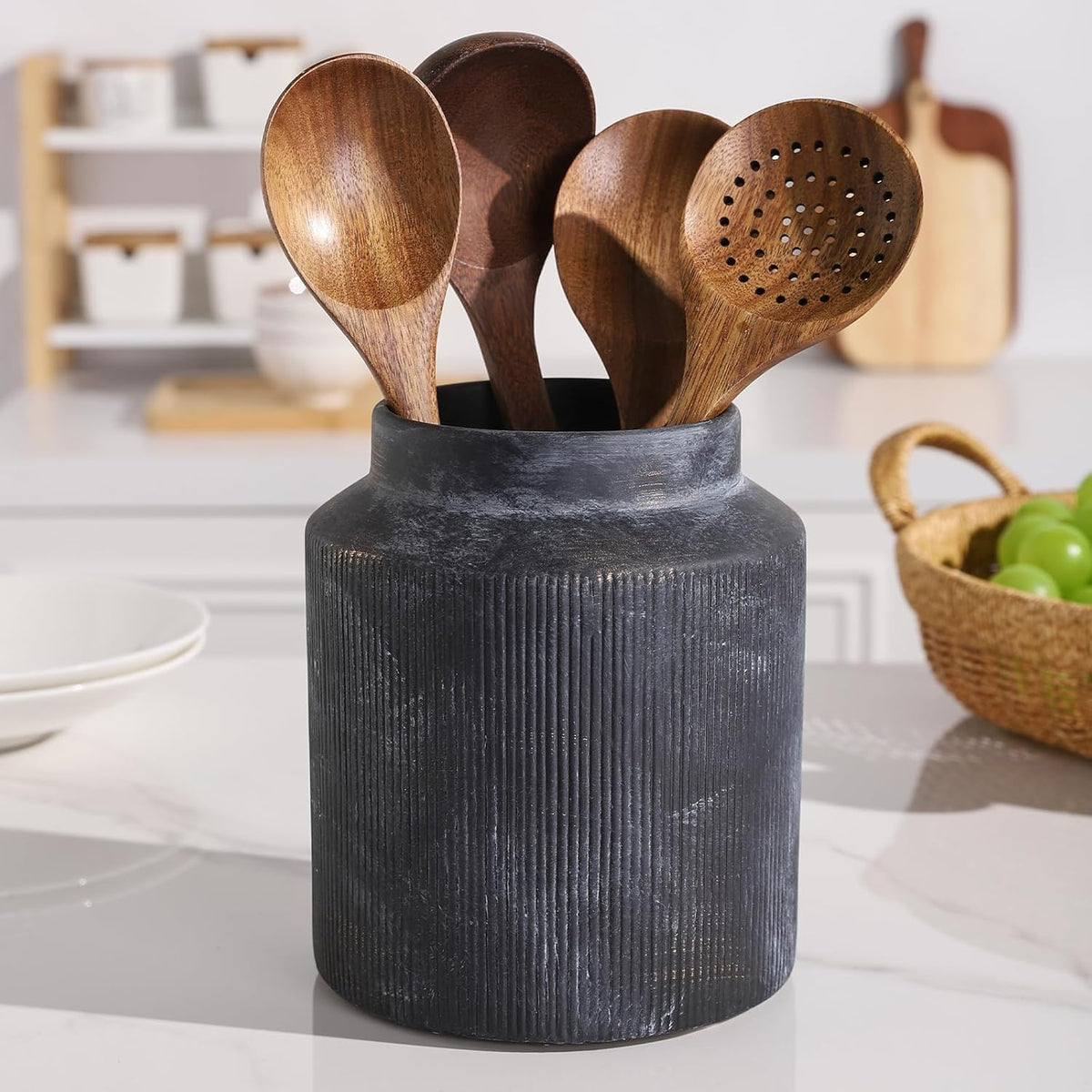 Farmhouse Ceramic Farmhouse Kitchen Utensil Holder for Countertop, Rustic Cooking Utensil Holder Crock Fit for Kitchen Counter. 6.1 x 6.1 x 7 IN