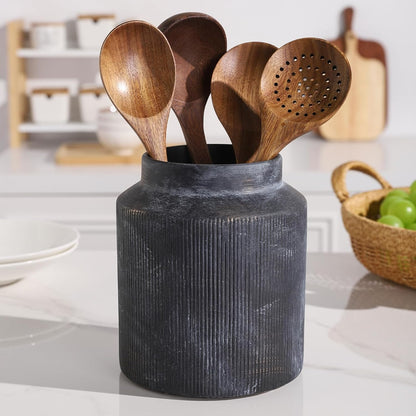 Farmhouse Ceramic Farmhouse Kitchen Utensil Holder for Countertop, Rustic Cooking Utensil Holder Crock Fit for Kitchen Counter. 6.1 x 6.1 x 7 IN