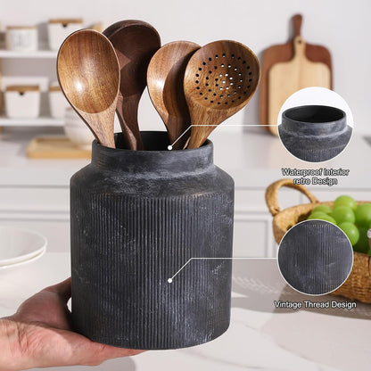 Farmhouse Ceramic Farmhouse Kitchen Utensil Holder for Countertop, Rustic Cooking Utensil Holder Crock Fit for Kitchen Counter. 6.1 x 6.1 x 7 IN