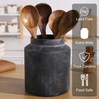 Farmhouse Ceramic Farmhouse Kitchen Utensil Holder for Countertop, Rustic Cooking Utensil Holder Crock Fit for Kitchen Counter. 6.1 x 6.1 x 7 IN