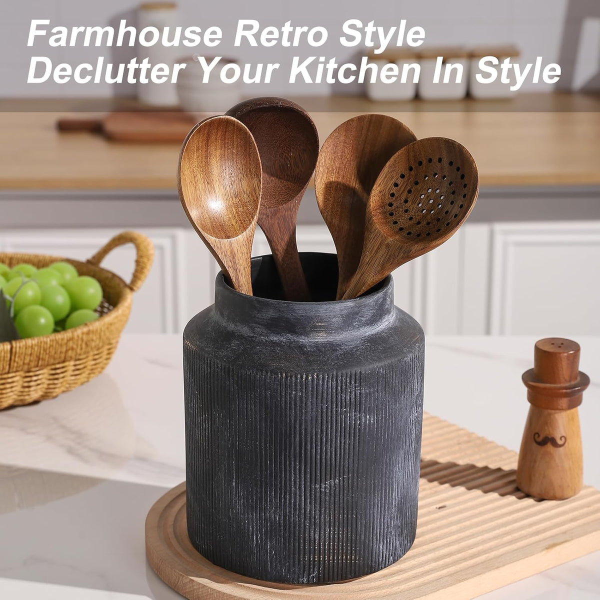 Farmhouse Ceramic Farmhouse Kitchen Utensil Holder for Countertop, Rustic Cooking Utensil Holder Crock Fit for Kitchen Counter. 6.1 x 6.1 x 7 IN